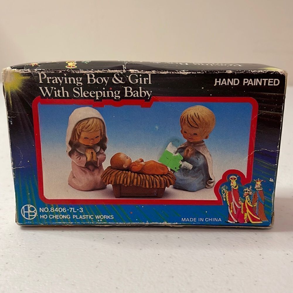 Vintage Handpainted Enesco Praying Boy and Girl with sleeping baby original box